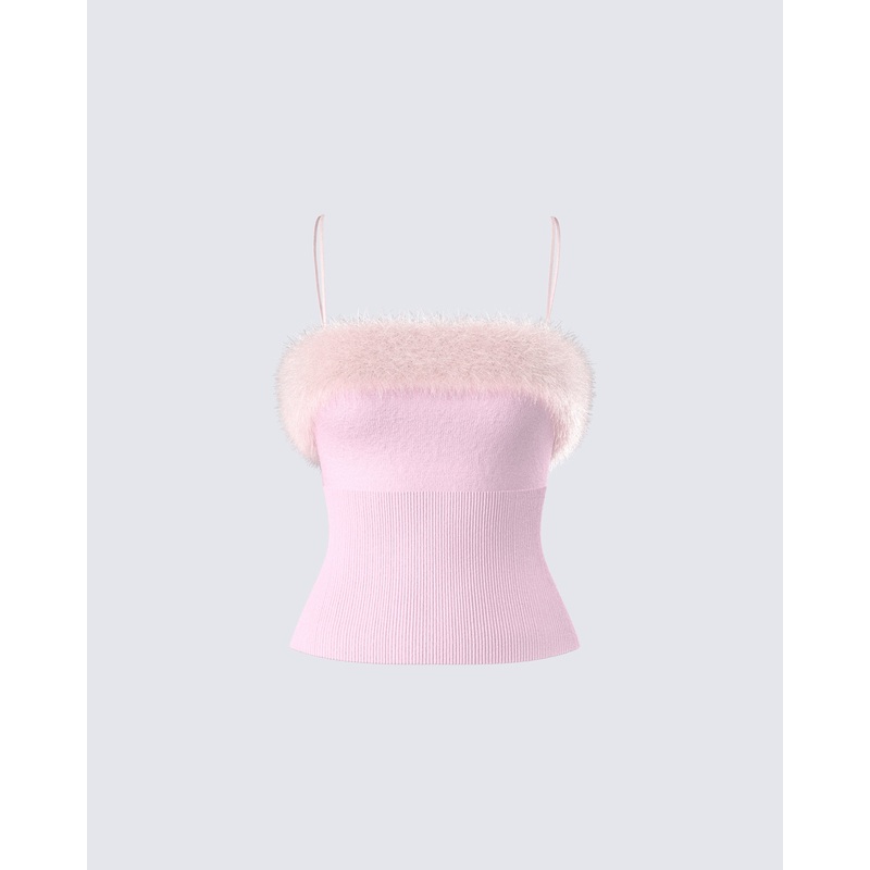 Karlissa Pink Fur Trim Cami Top