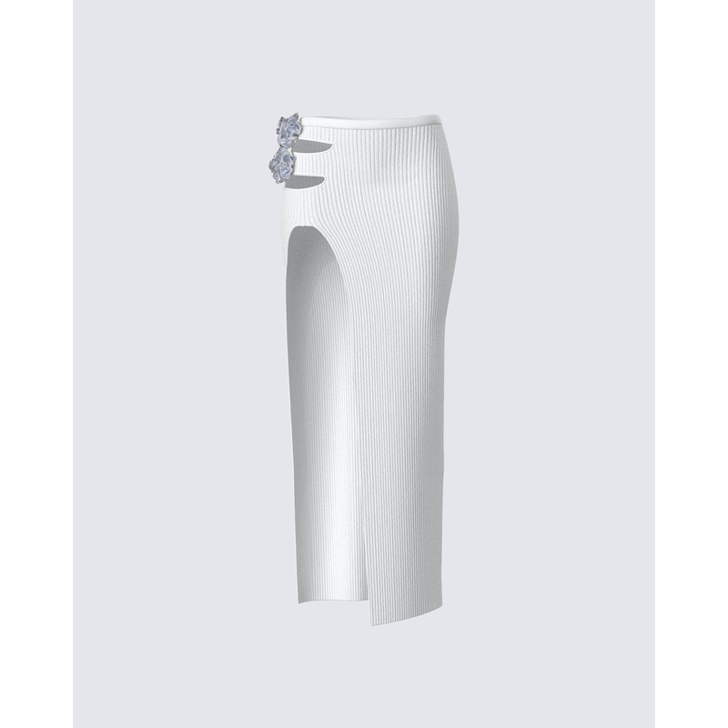 Yuka White Rosette Knit Maxi Skirt