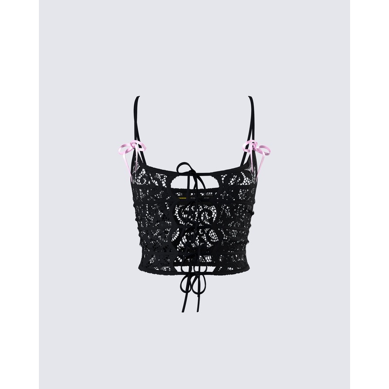 Halsey Black Lace Tie Front Top