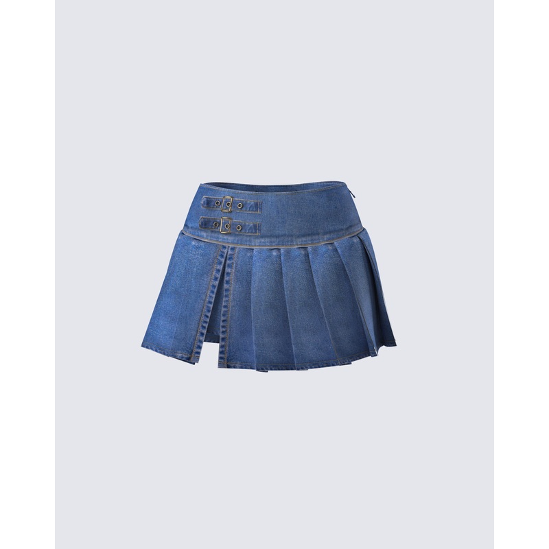 Alazne Blue Denim Pleated Micro Mini Skirt