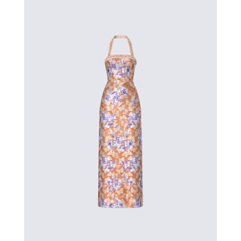 Ari Orange Floral Burnout Maxi Dress