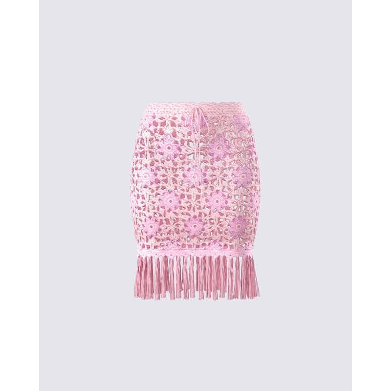Aya Pink Floral Crochet Mini Skirt