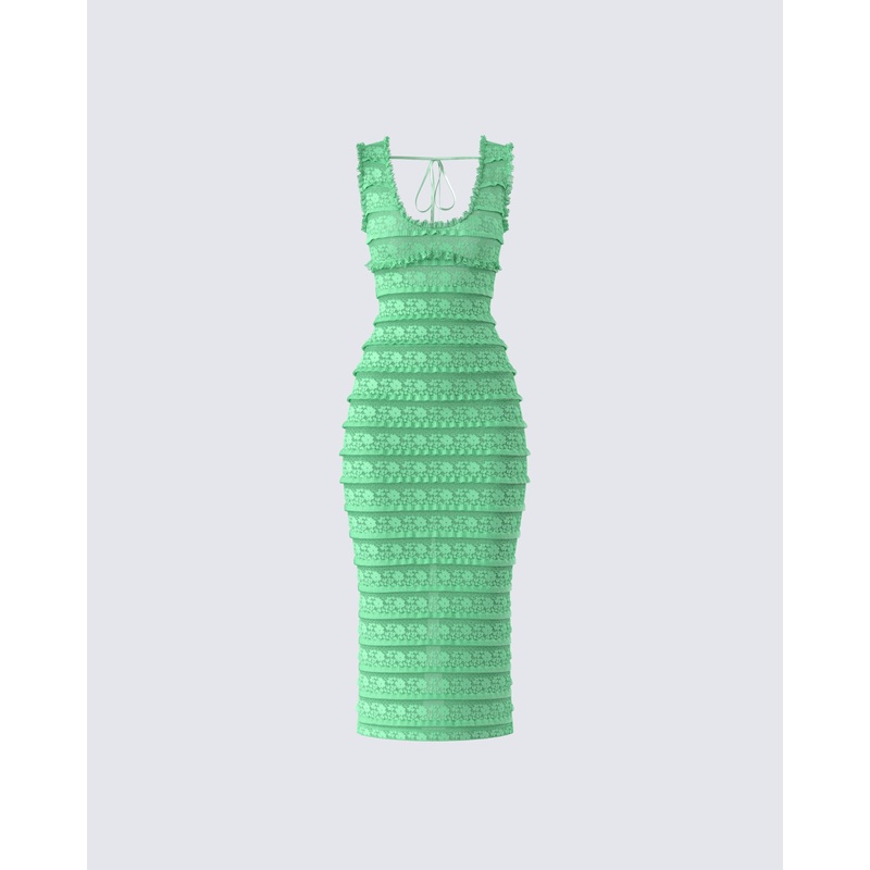 Kairi Green Ruffle Trim Midi Dress
