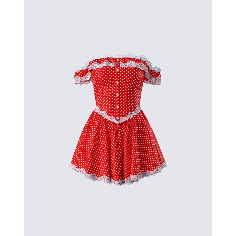 Masami Red Polka Dot Off Shoulder Dress