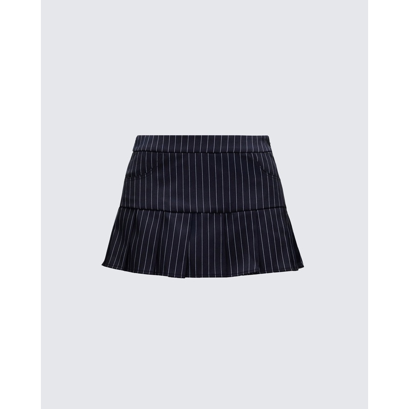 Minji Black Pinstripe Pleated Micro Mini Skirt