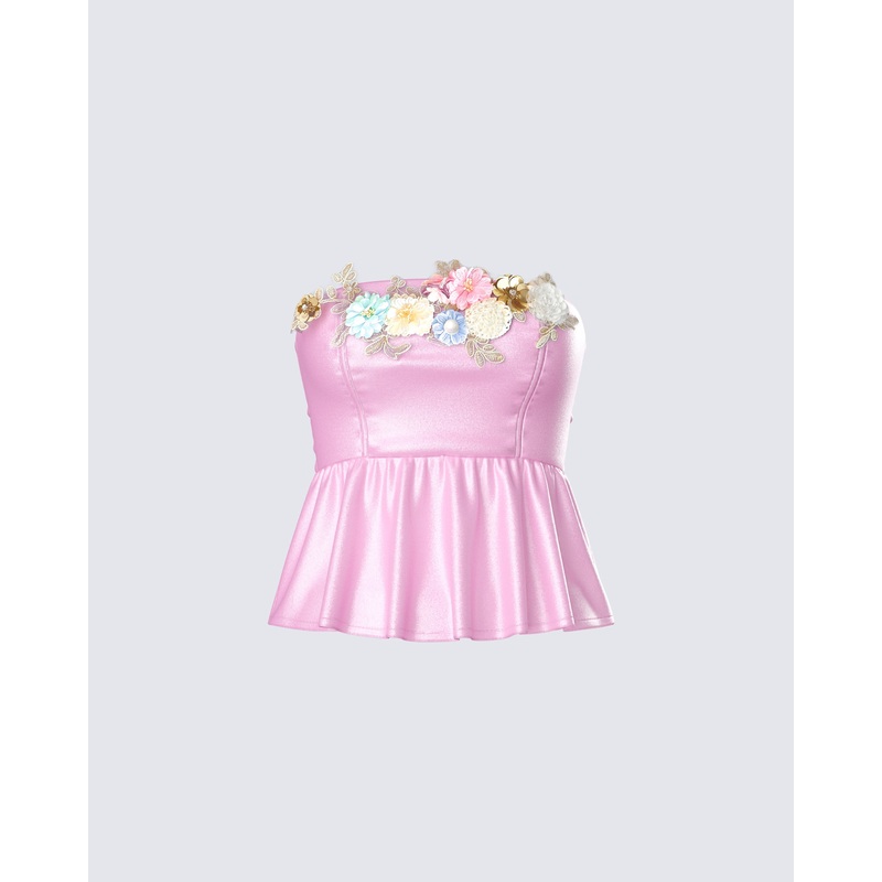 Nora Pink Floral Strapless Peplum Top