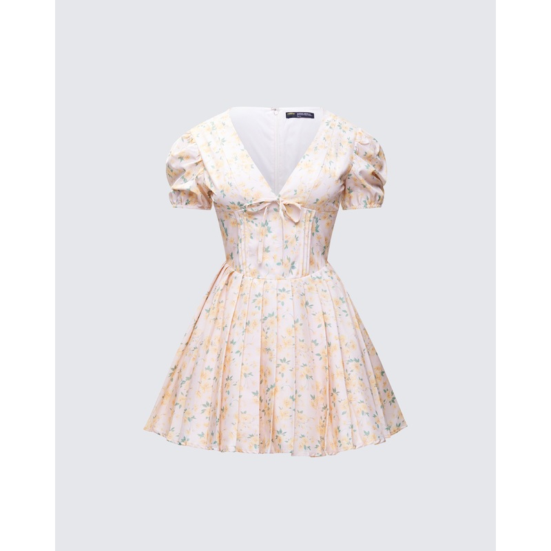 Nyla Yellow Floral Pleated Mini Dress