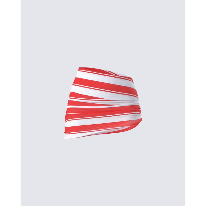 Risa Red Stripe Asymmetric Ruched Mini Skirt