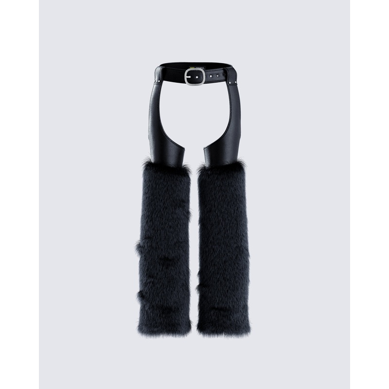Zaria Black Vegan Leather Fur Trim Chaps