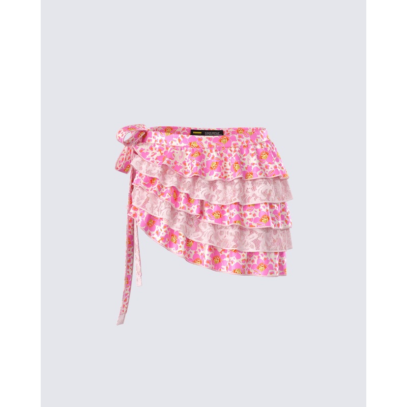 Ana Multi Floral Lace Ruffle Micro Mini Skirt