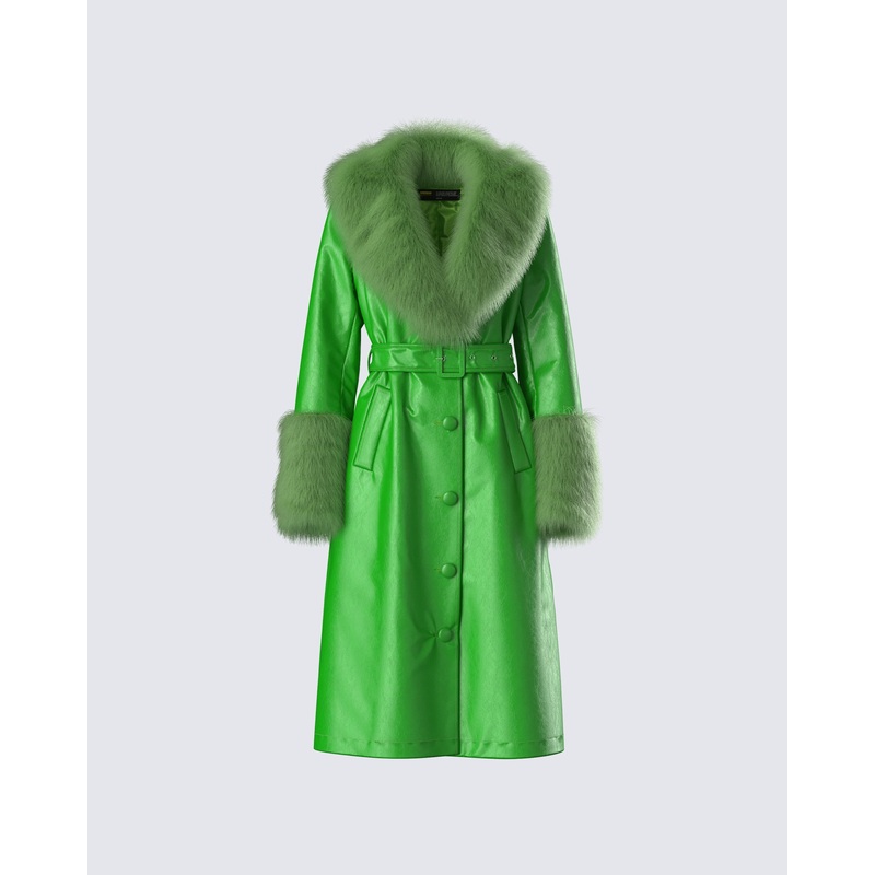 Chlo Green Faux Leather Fur Trim Coat