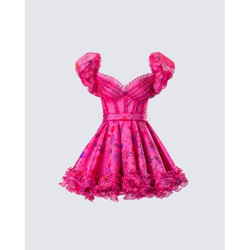 Eni Pink Floral Organza Mini Dress