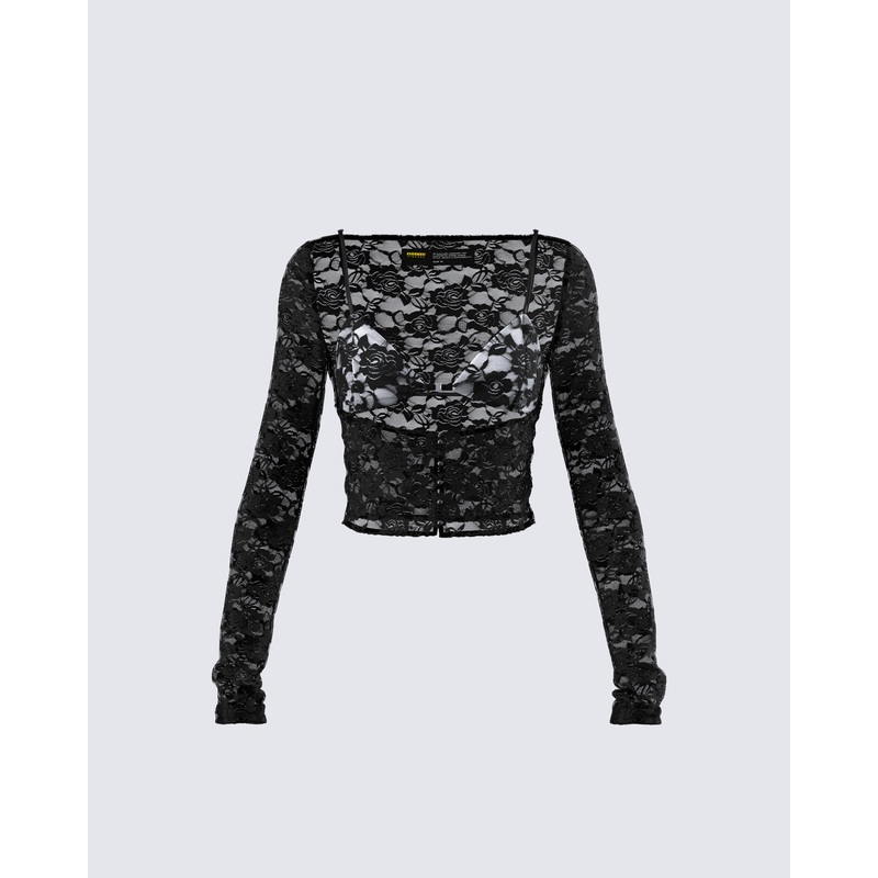 Esmarie Black Lace Sheer Long Sleeve Top