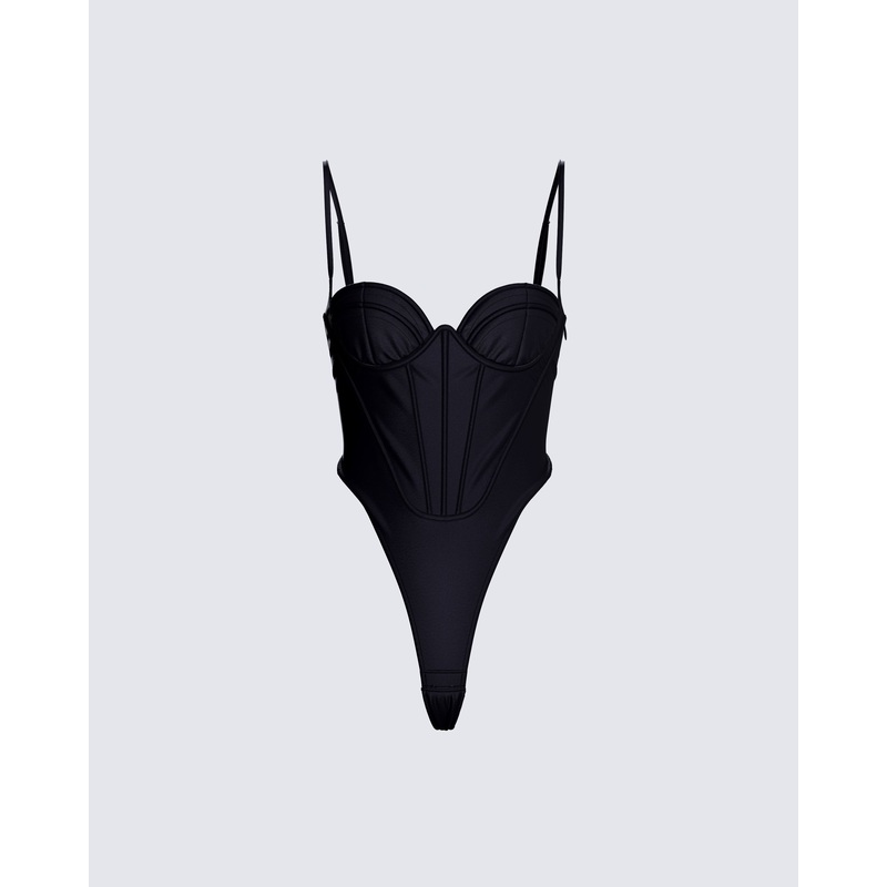 Fara Black Satin Corseted Bodysuit
