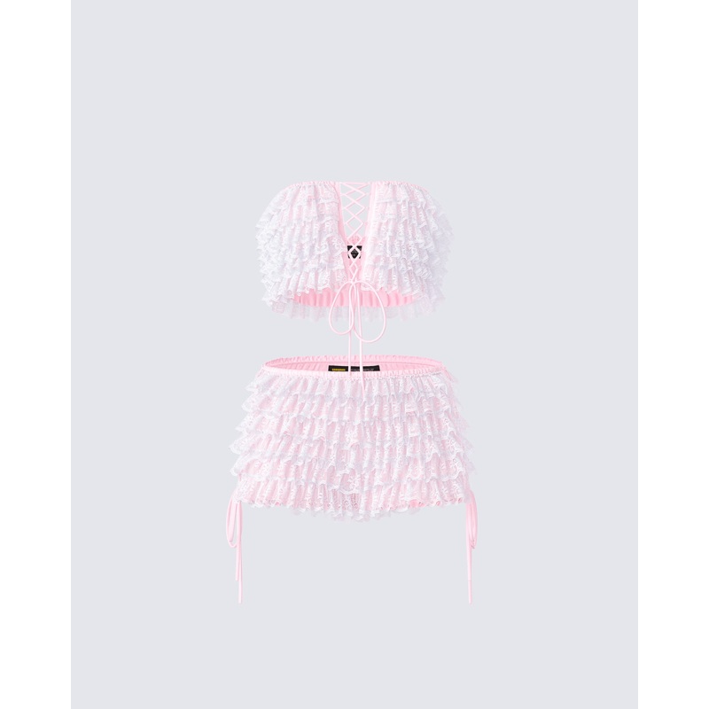 Hali Pink Lace Up Ruffle Set