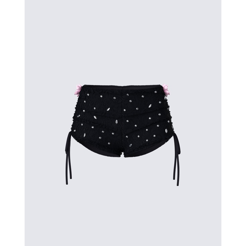 Julissa Black Hand Beaded Rhinestone Shorts