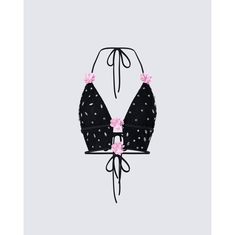 Julissa Black Hand Beaded Rhinestone Top