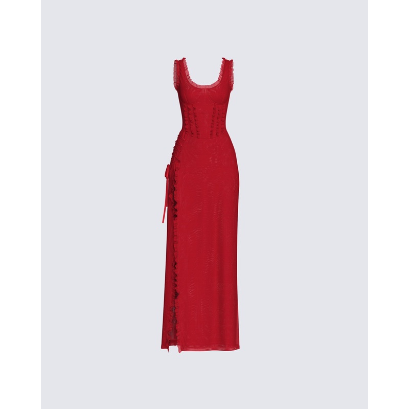 Kimoni Red Ruffle Corset Maxi Dress