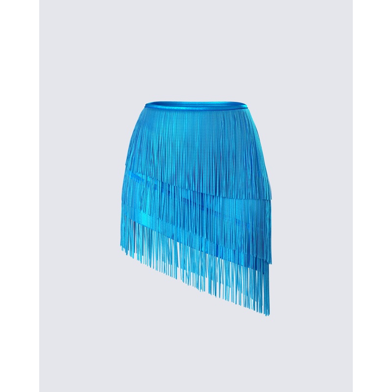 Laleh Teal Fringe Asymmetrical Skirt