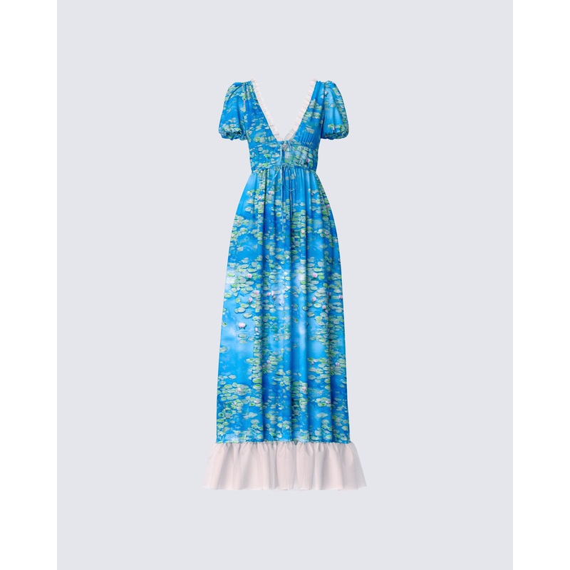 Loire Blue Water Lilies Print Maxi Dress