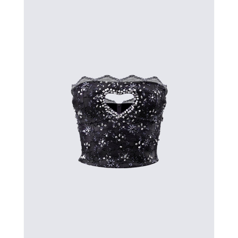 Love Hand Beaded Rhinestone Black Corset Top