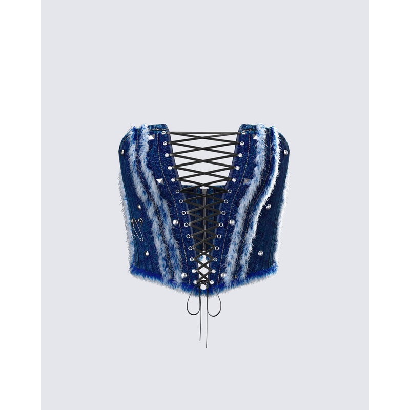 Maja Blue Denim Lace Up Corset Top
