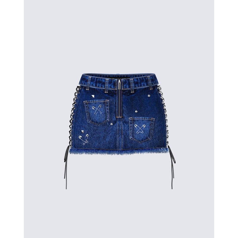 Maja Blue Denim Lace Up Micro Mini Skirt