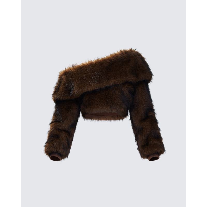 Nadi Brown Faux Fur Off Shoulder Top