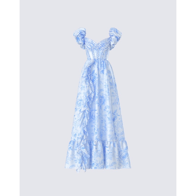 Tressa Blue Flower Print Maxi Dress