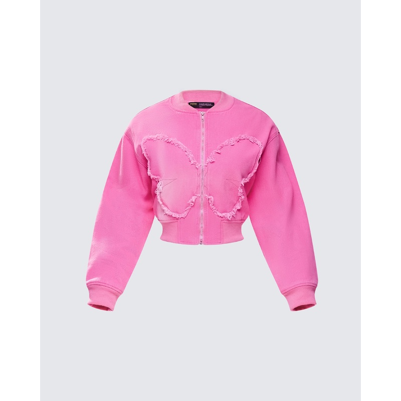 Uzma Pink Denim Cropped Bomber Jacket