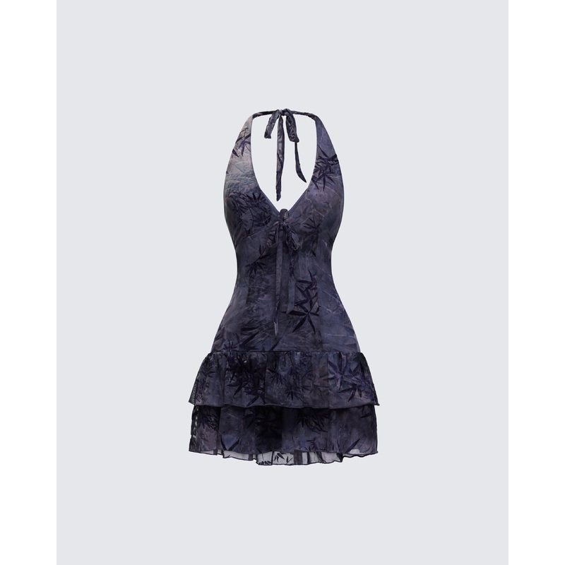 Amaline Grey Halter Tiered Mini Dress