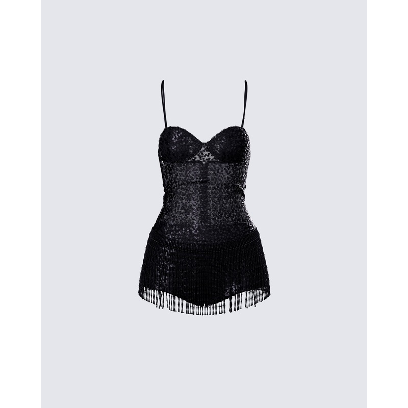 Andrina Black Sequin Fringe Romper
