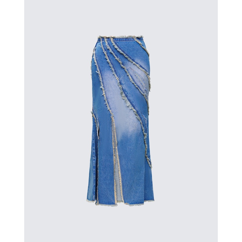 Briony Blue Denim Frayed Maxi Skirt