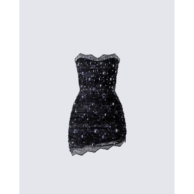 Clarisse Black Hand Beaded Rhinestone Dress