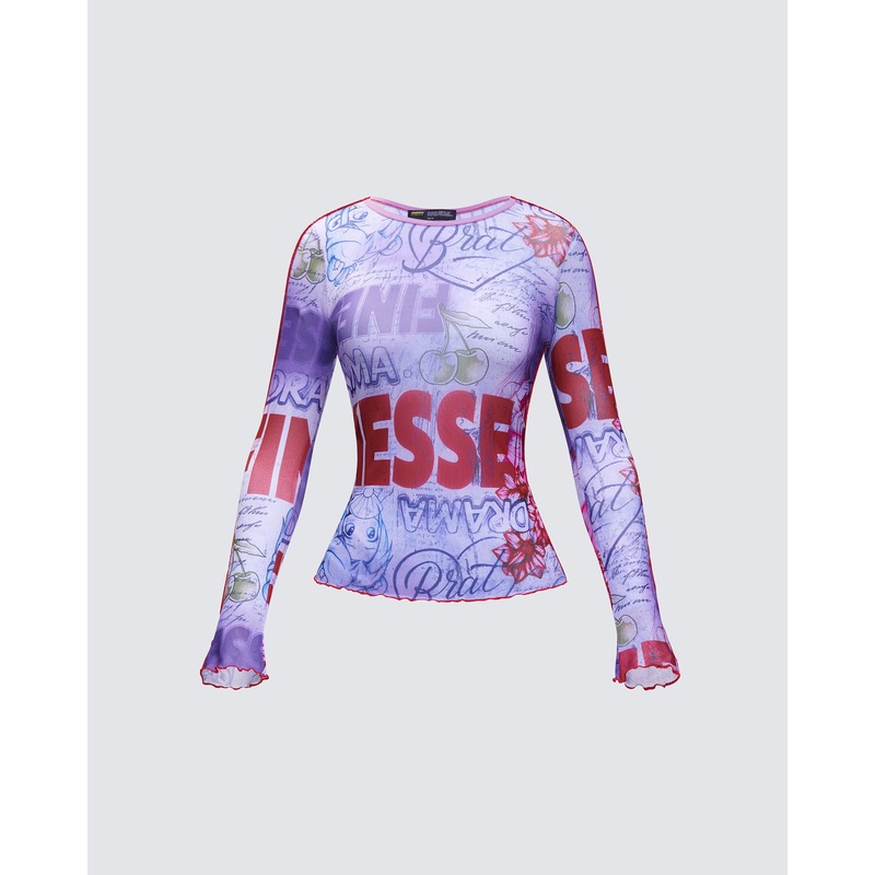 Cleodora Purple Printed Mesh Top