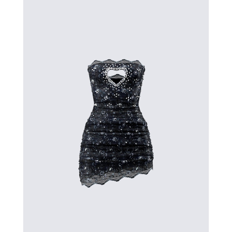 Clover Hand Beaded Rhinestone Black Mini Dress