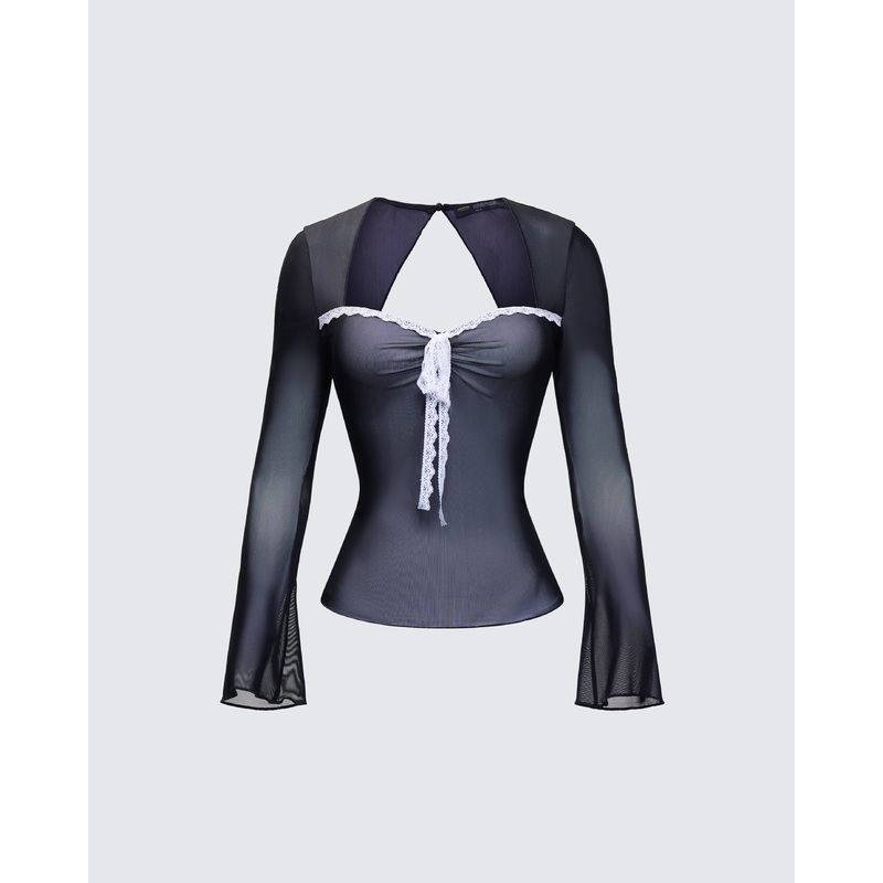 Damaris Black Long Sleeve Bow Trim Top