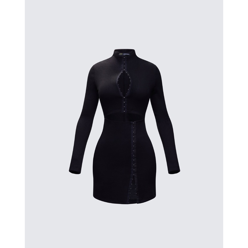 Eithne Black Rib Eyelet Front Mini Dress