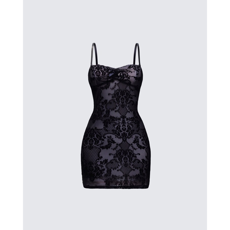 Elixane Black Flocked Mesh Strapless Dress