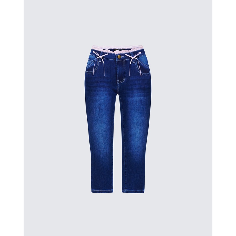 Estefania Blue Denim Lace and Bow Capri Pant