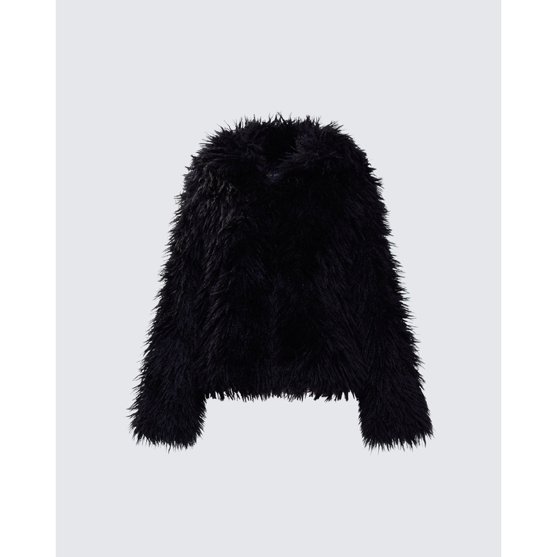 Fae Black Boxy Faux Fur Coat