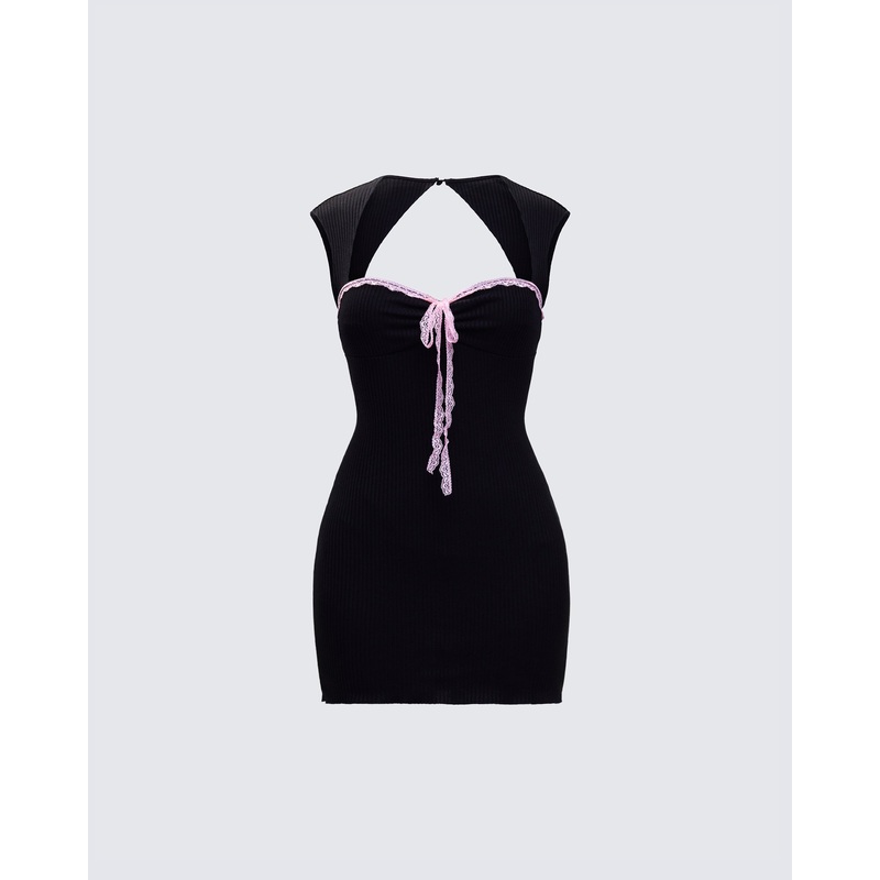 Floriana Black Lace Trim Rib Mini Dress