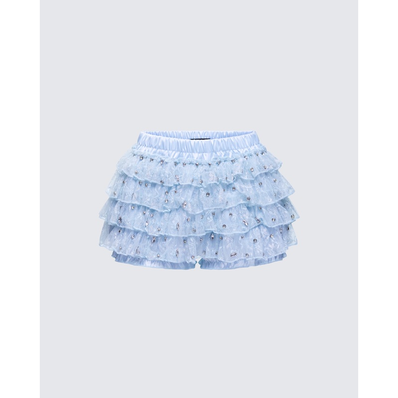 Love Hand Beaded Rhinestone Baby Blue Ruffle Short