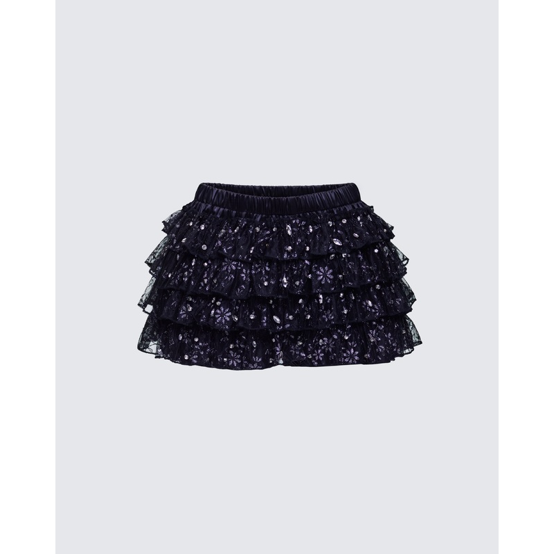 Love Hand Beaded Rhinestone Black Ruffle Short