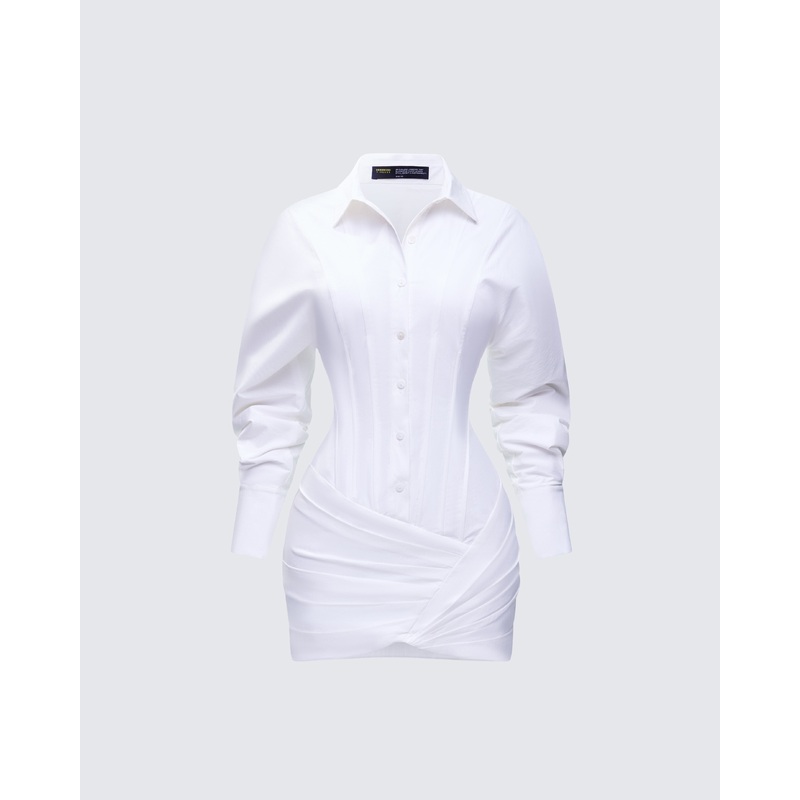 Regan White Cinched Tucked Mini Dress