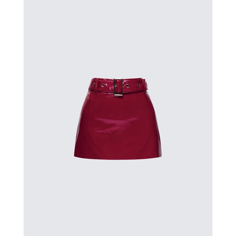 Severine Red Vegan Leather Belted Mini Skirt