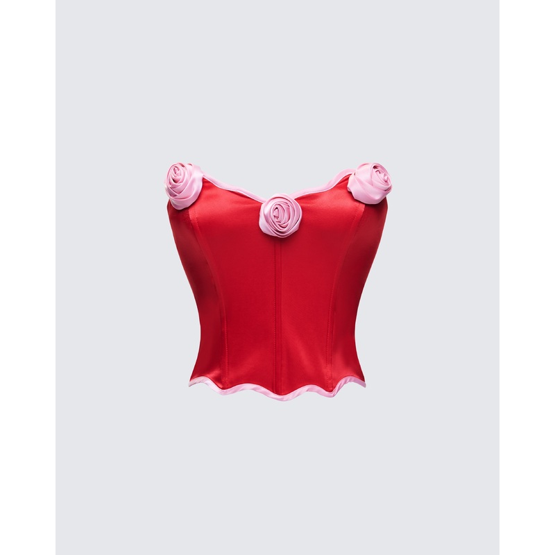 Villie Red Rose Detail Scalloped Edge Corset Top