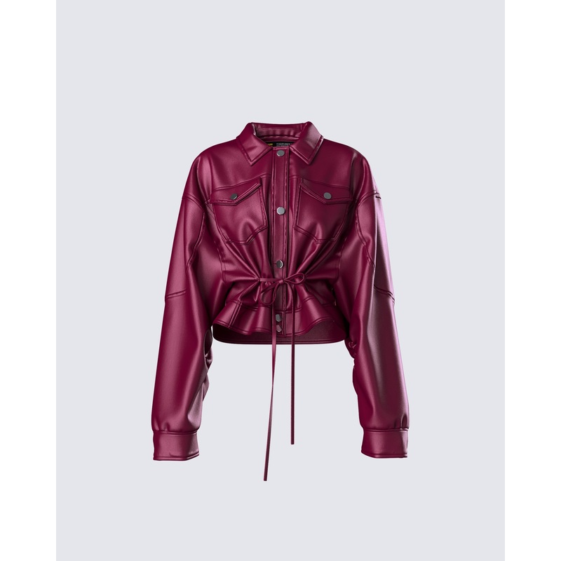 Zui Maroon Vegan Leather Oversized Cropped Jacket
