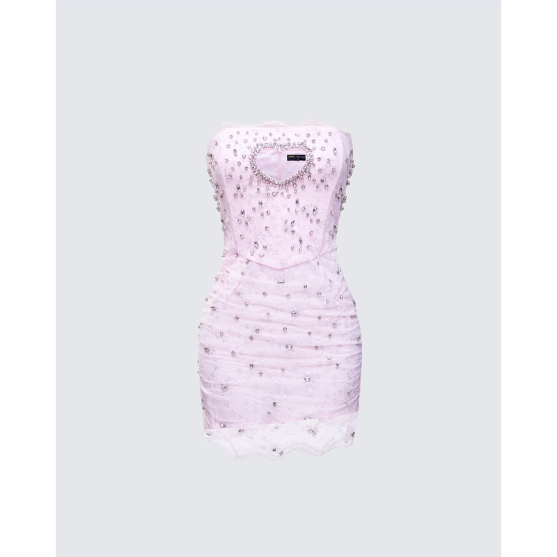 Clover Hand Beaded Rhinestone Pink Mini Dress