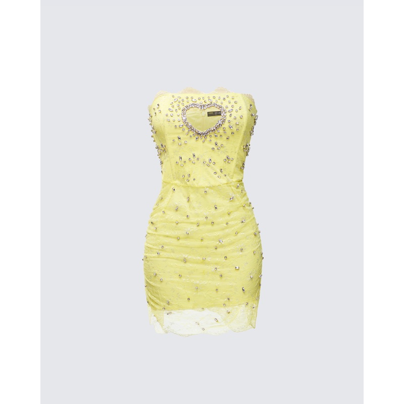 Clover Hand Beaded Rhinestone Yellow Mini Dress
